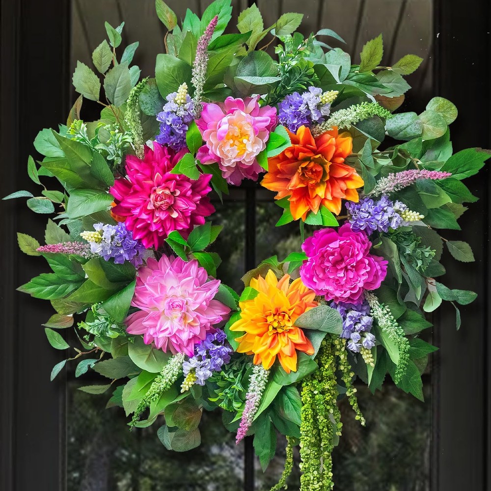 Summer Wreath for Front Door – 24 Inch Artificial Floral with Dahlia Peony Hyacinth Lavender