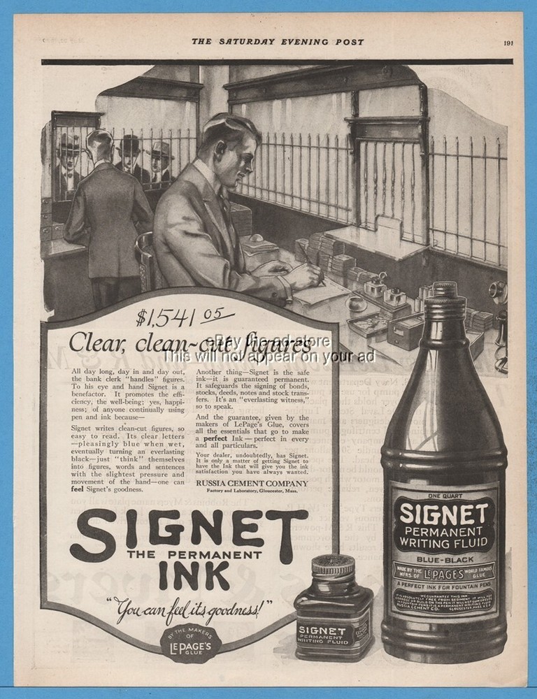 1920 Russia Cement Co Gloucester MA Signet Permanent Ink Writing Fluid Print Ad