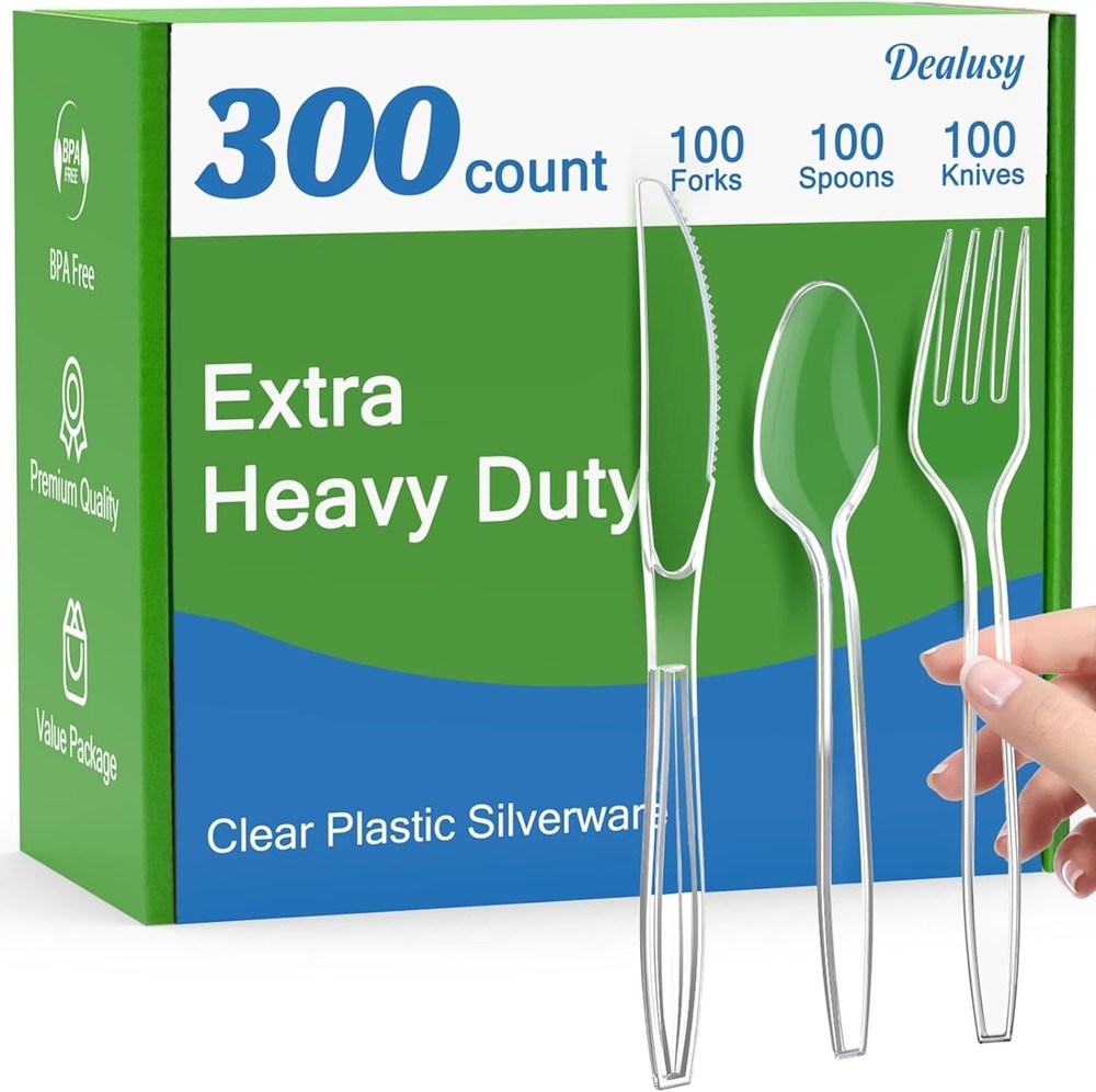 300 Count Extra Heavy Duty Clear Plastic Silverware, 100 Forks, 100