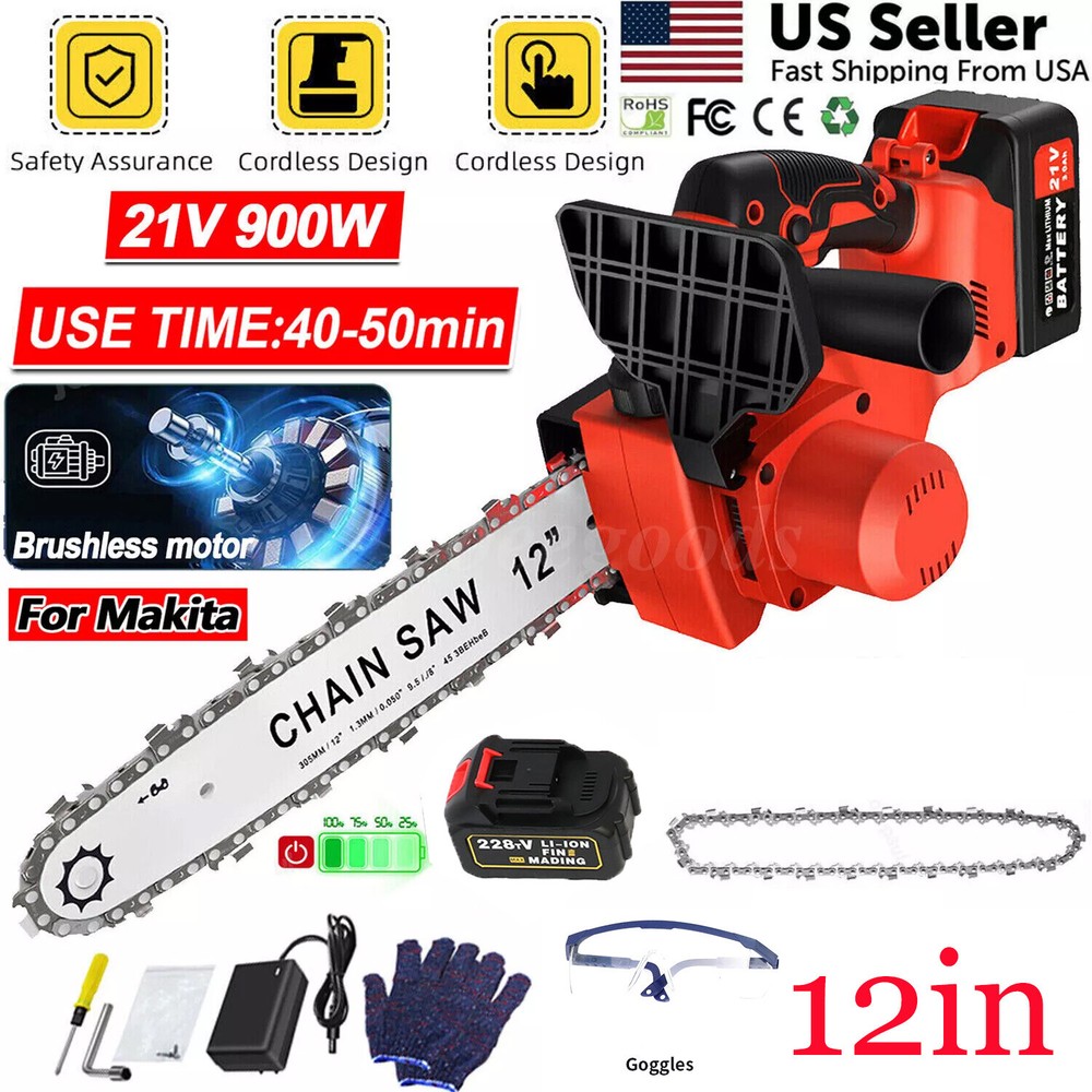 12V Brushless Cordless Chainsaw with Battery and Charger 21V Handheld Electric Chain Saw