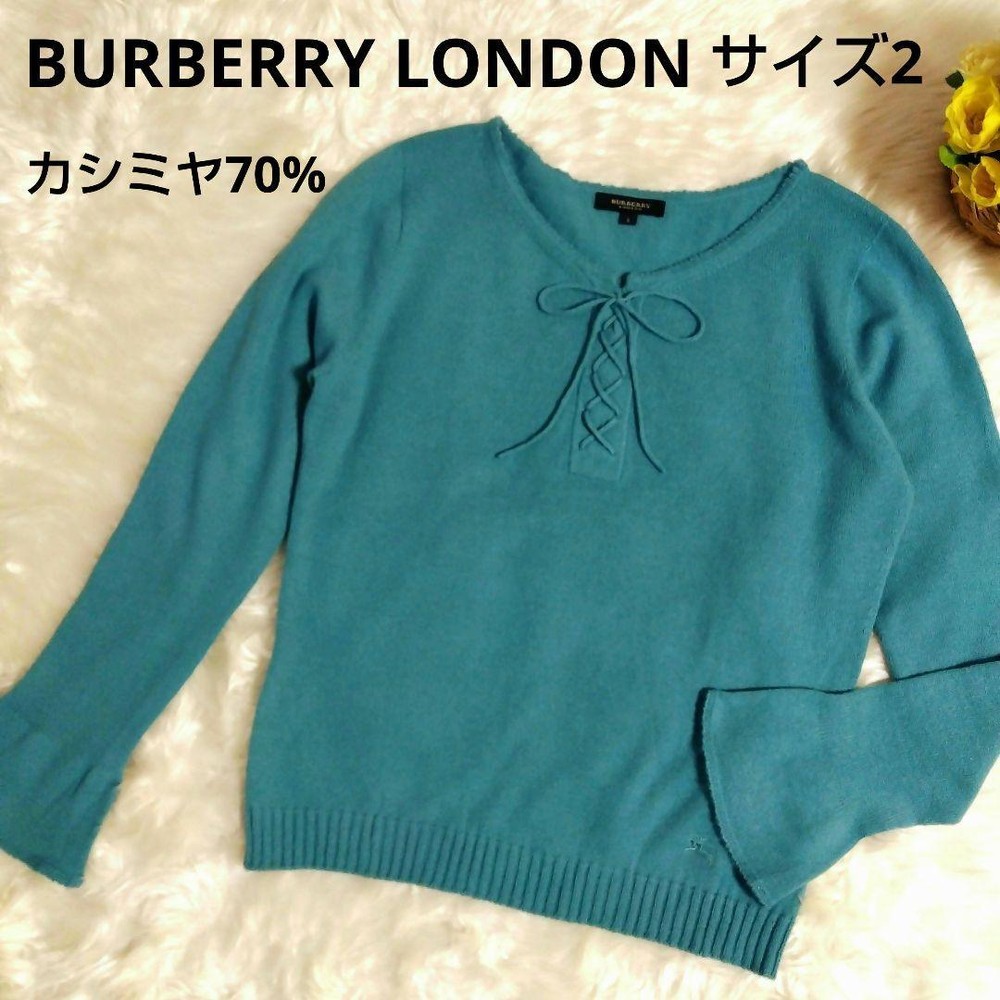 Burberry London Knit Sweater Long Sleeve M Cashmere 70% Blue Green Bell Sleeve