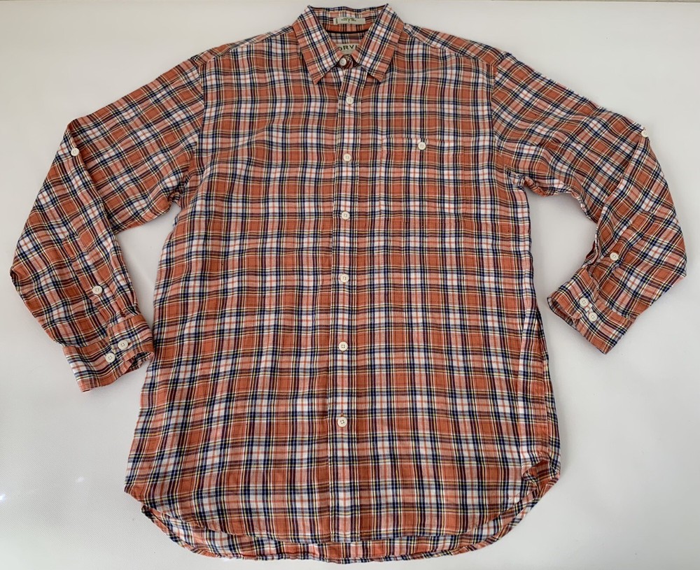 Orvis Shirt Men L 100% Linen Orange Plaid Roll Tab Beach Safari Outdoor Hiking
