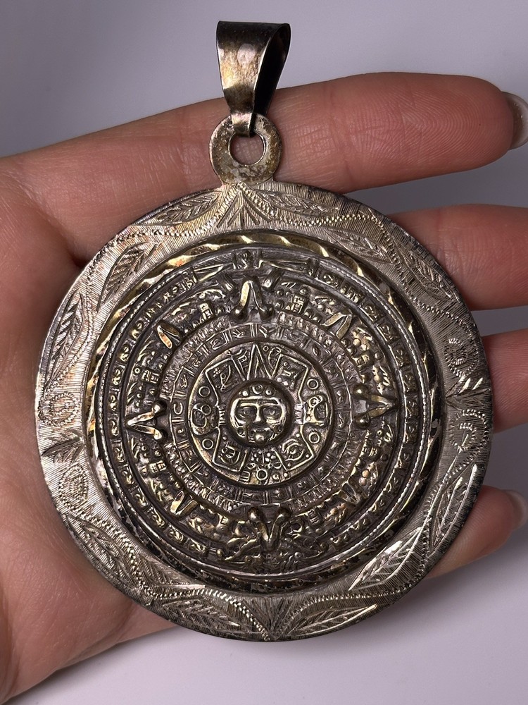 Huge Sterling Silver Aztec Mexican Mayan Calendar Charm Pendant