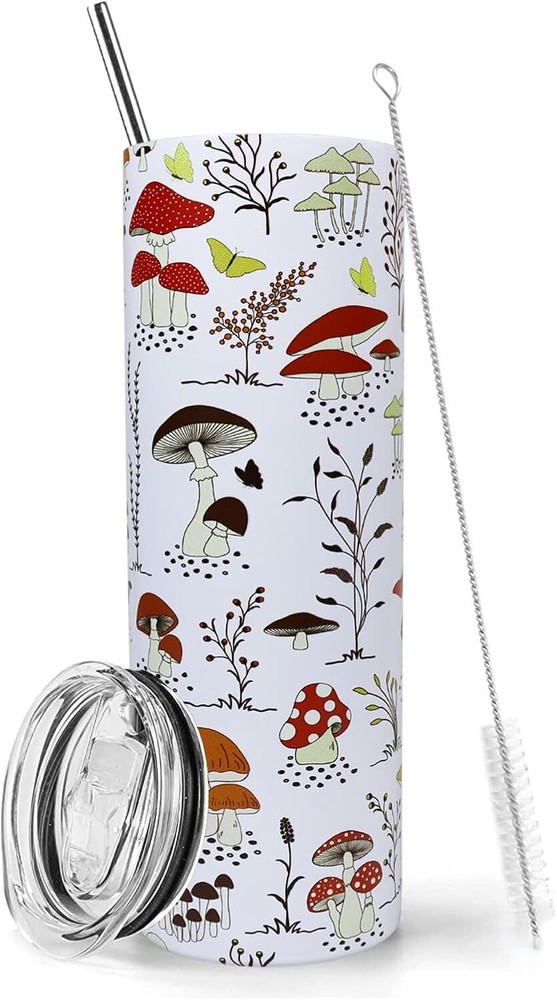 Mushroom Tumbler With Lid and Straw 20 oz Insulated Mushroom Tumbler Stainless S