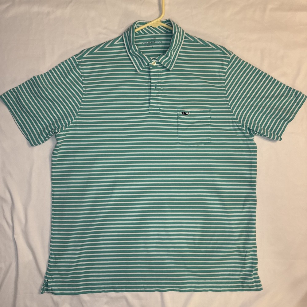 Vineyard Vines 100% Cotton Polo Shirt Mens L Green Striped Classic Fit