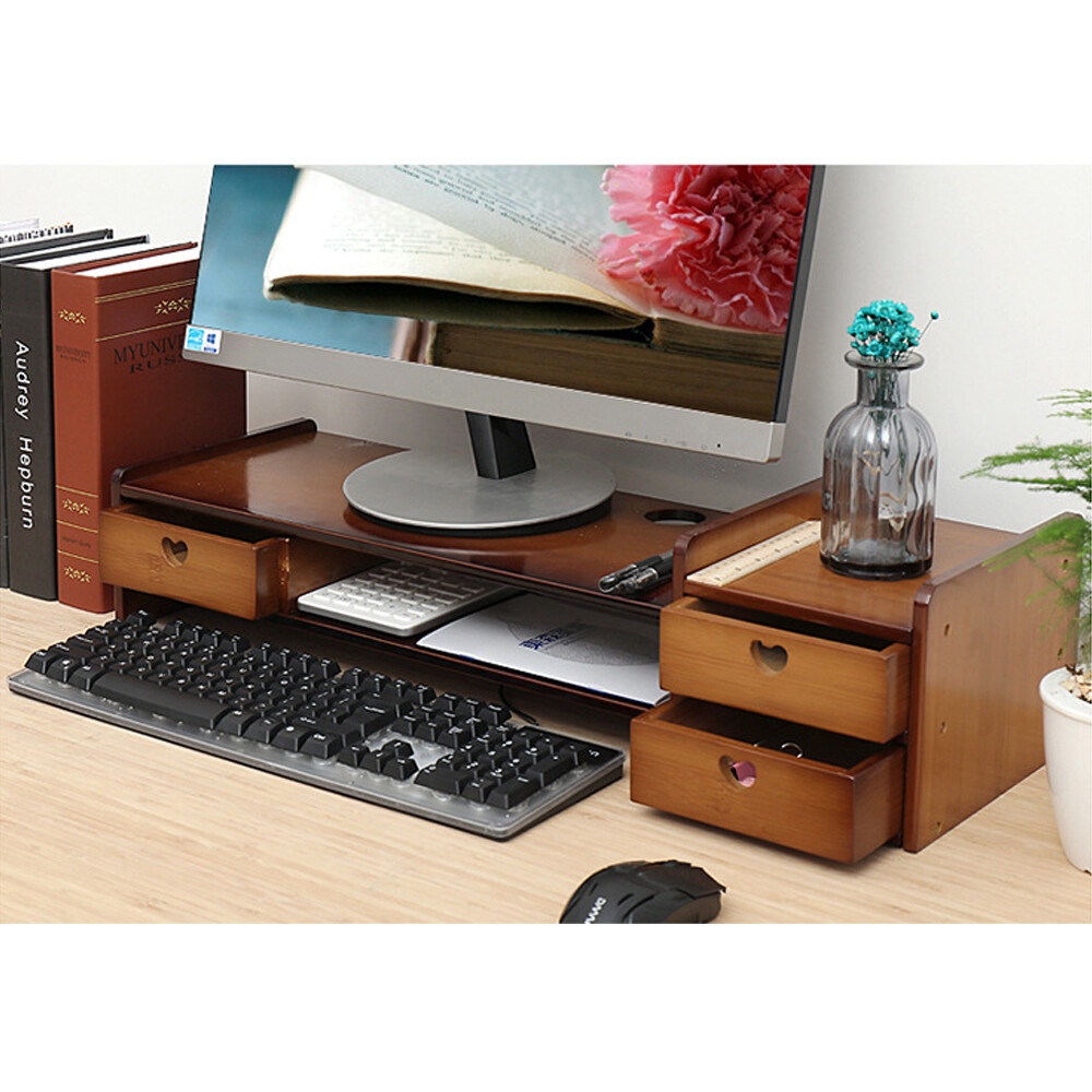 Bamboo Monitor Stand Riser w/ Storage Drawer Desk Laptop Organizer Stand Riser