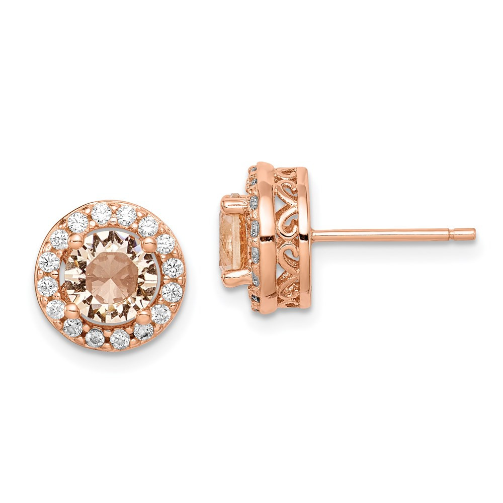 Sterling Silver Rose-tone Round Peach Cubic Zirconia Halo Stud Earrings 2.51gm