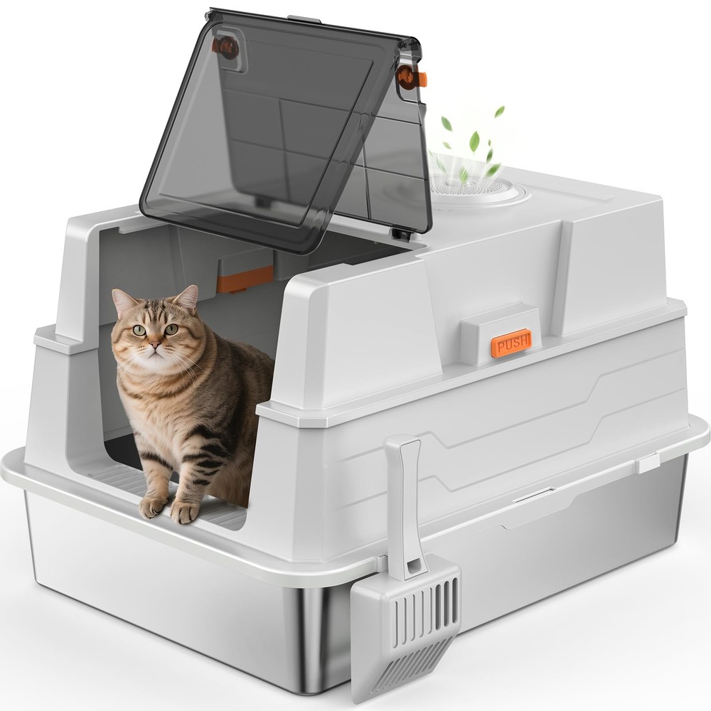 XXXL Stainless Steel Enclosed Litter Box with Lid - Giant Metal Cat Pan