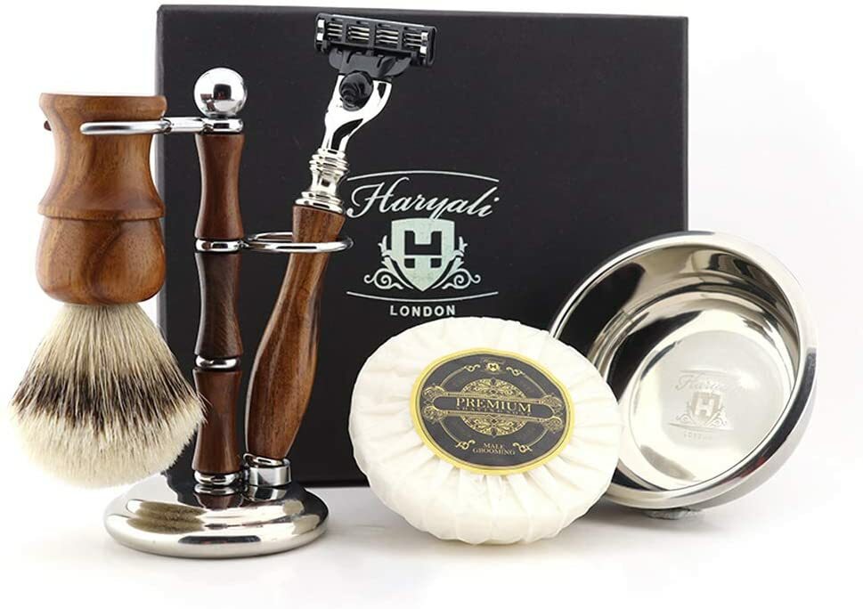 5Pc Wooden Men's Shaving Kit Razor Badger Hair Brush Soap Bowl Stand Gift