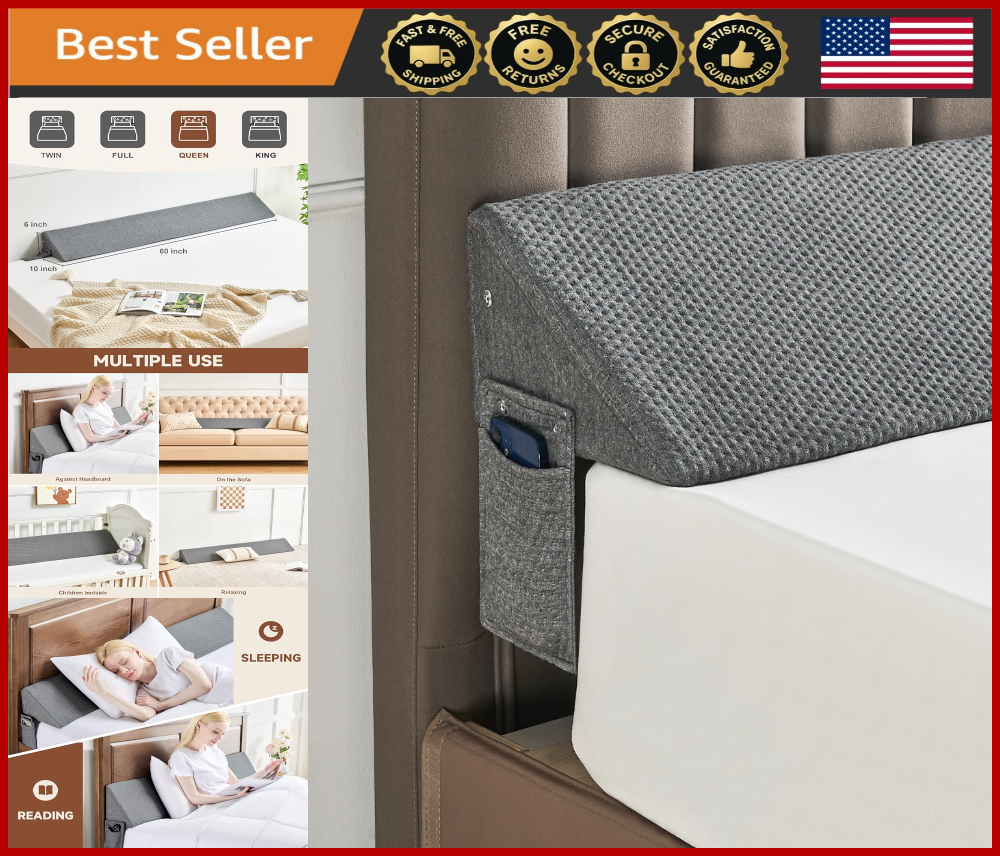 Queen Bed Wedge Pillow Gap Filler 60x6x10 Headboard Mattress Spacer Support