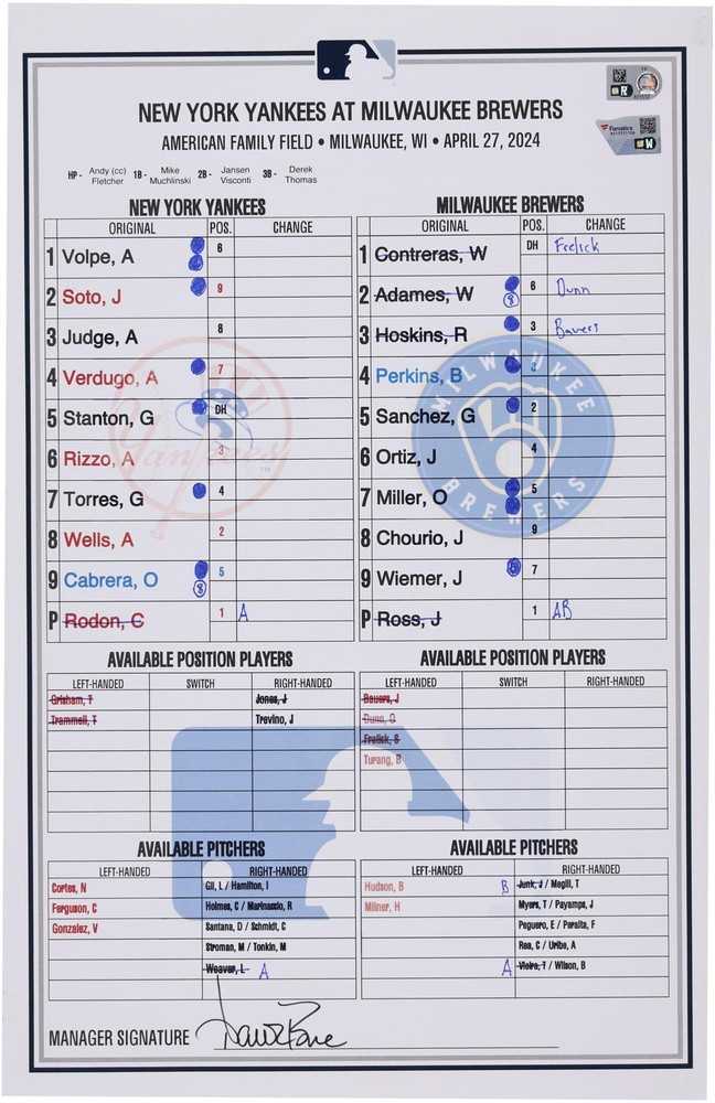 New York Yankees Game-Used Lineup Card vs. Milwaukee Brewers on April 27, 2024