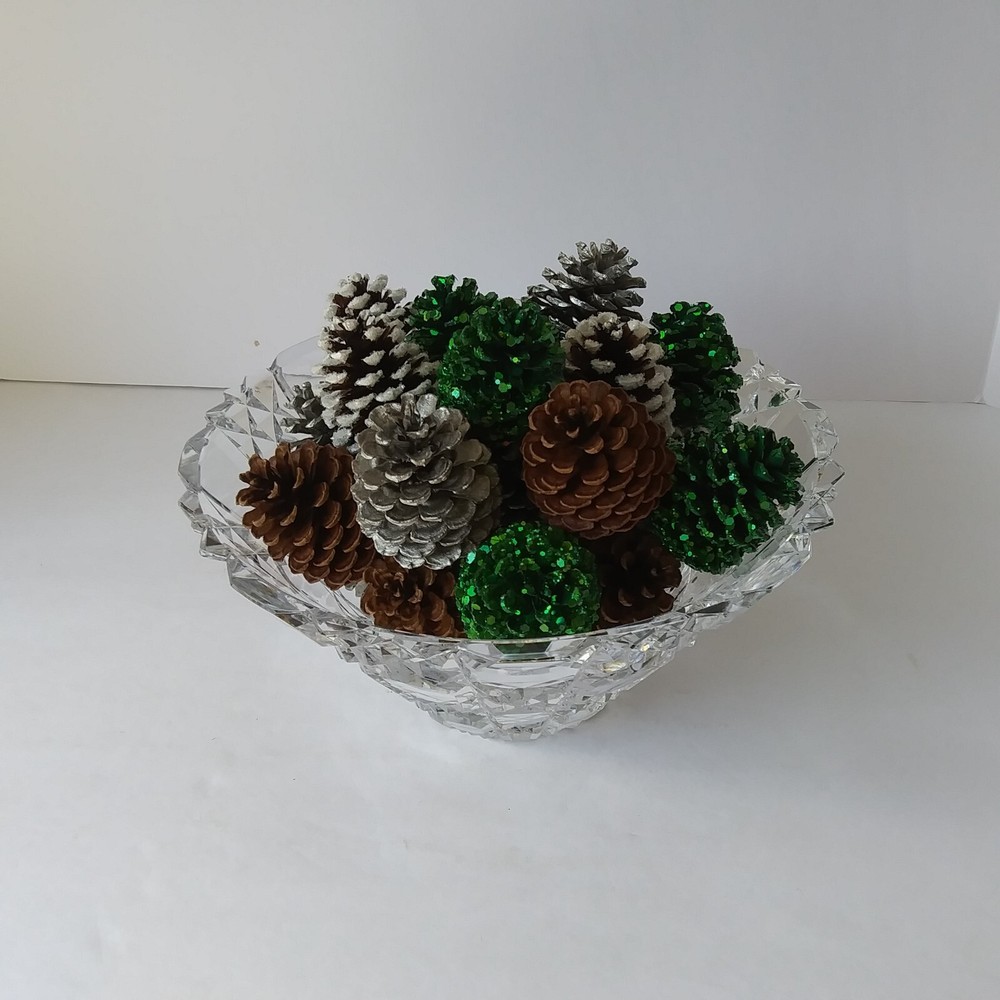 Christmas Pinecone Arrangement in Crystal Bowl, Table Centerpiece, Holiday Decor