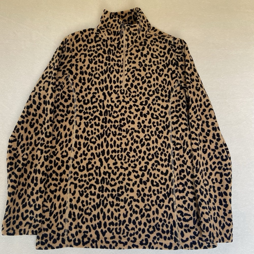 Lands End Womens S/T 6-8 Tan Black Leopard Animal Print Fleece Pullover