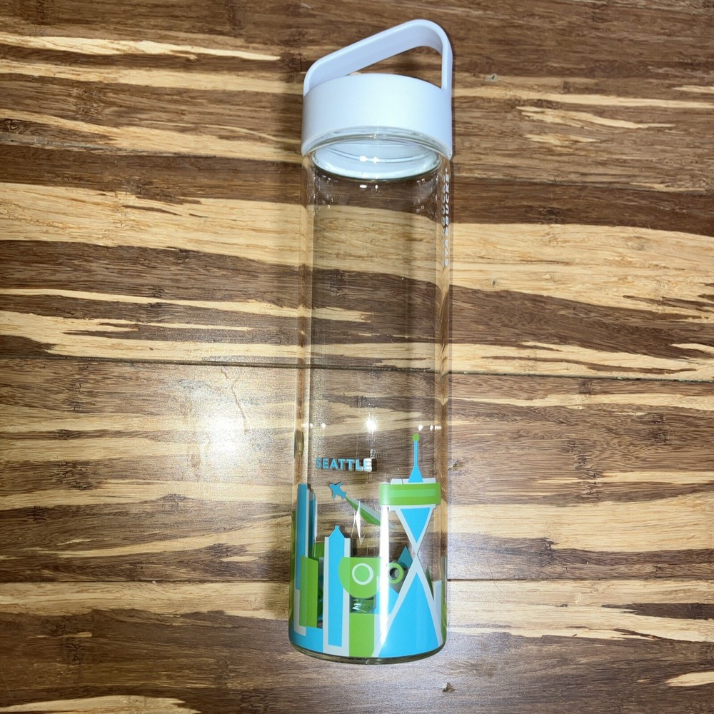 Starbucks Seattle Skyline Green Glass Water Bottle 18.5 oz 2016 Edition