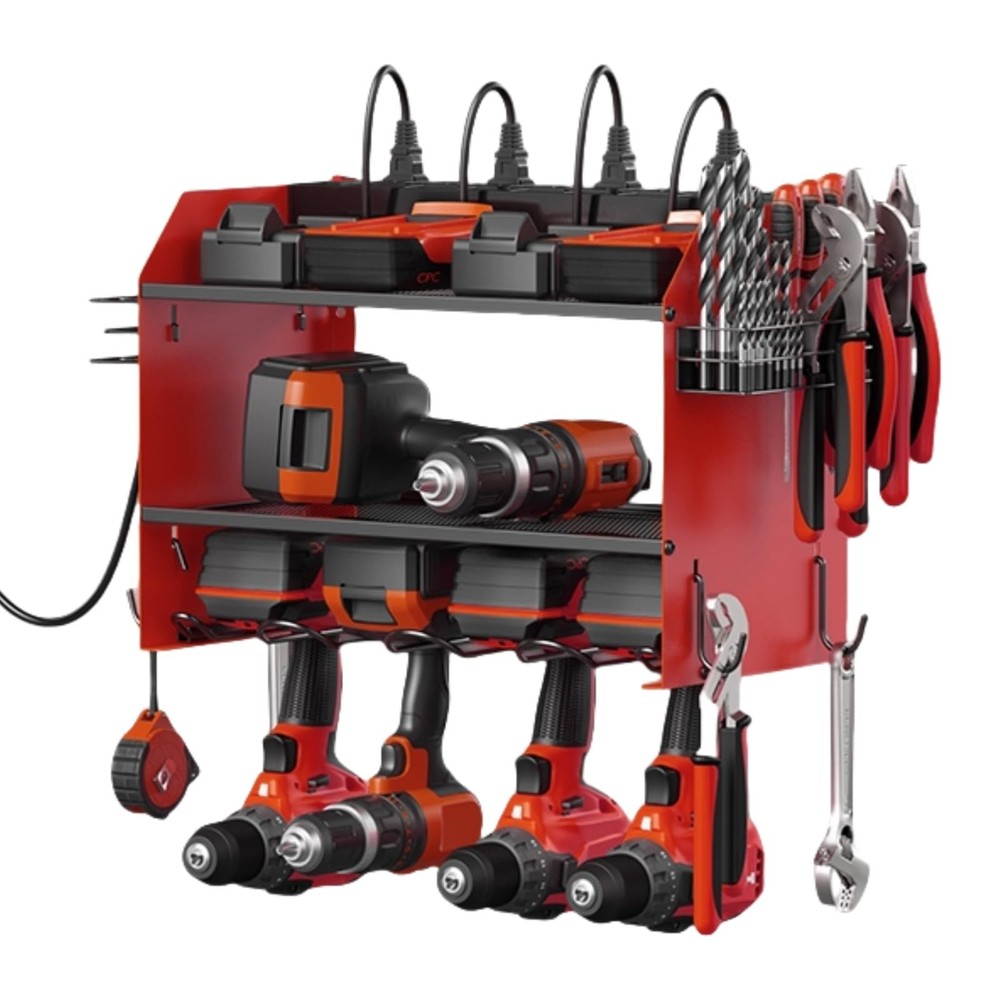 Wall-Mounted Power Tool Storage Rack with 4 Drill Bit Holders for Garage Organization