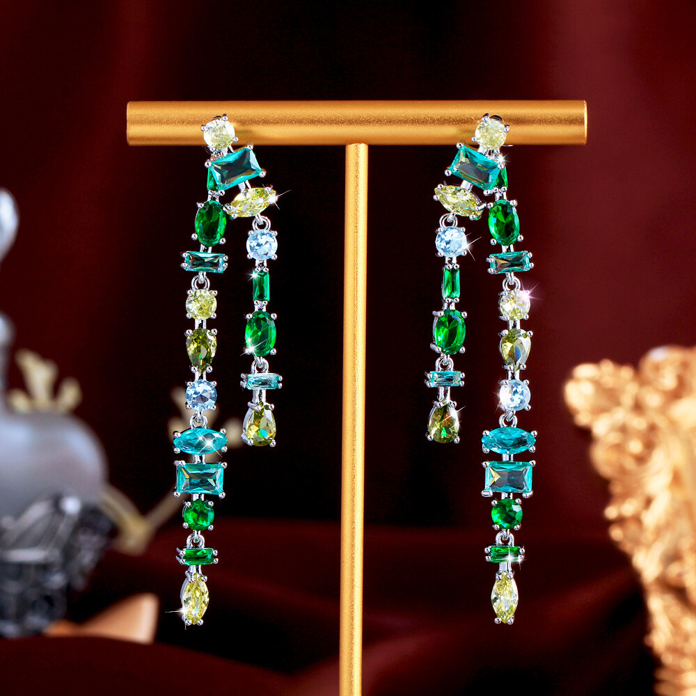 Silver Plated CZ Green Crystal Long Geometric Drop Dangle Double Wear Earrings