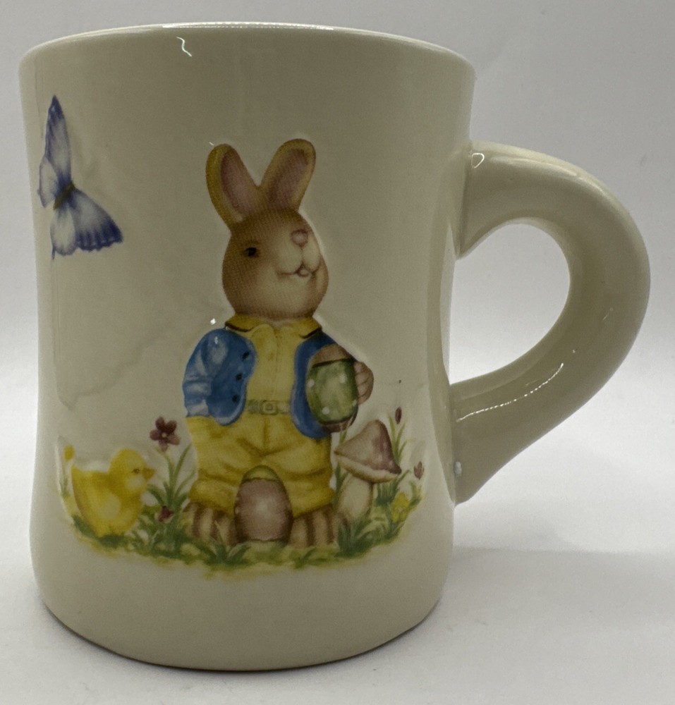 Rabbit and Baby Chick Coffee Mug with Floral Butterfly Mushroom Design  