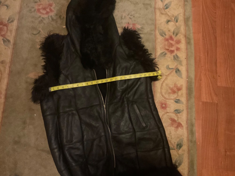 Natural sheepskin/leather hooded vest, all natural fur inside, genuine leather