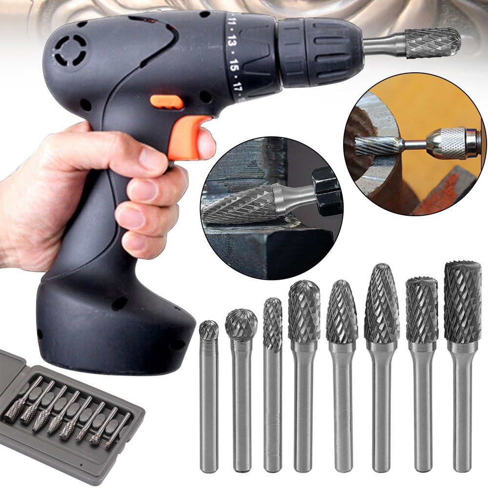 1/4'' Double Cut Tungsten Steel Carbide Rotary Burr Die Grinder Shank Tools Set