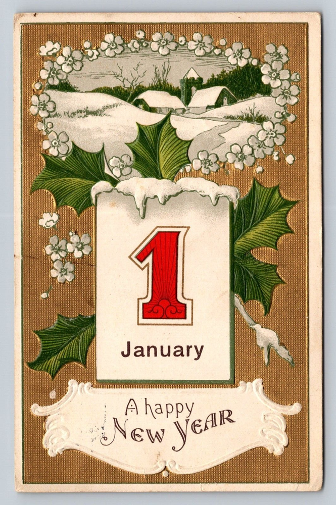 1911 Embossed Big Red One Gift Antique New Year Postcard Rural Snow Country Home-image