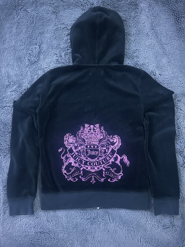 Juicy Couture Vintage Hoodie Medium Black Y2K With Purple Crest And Rhinestones