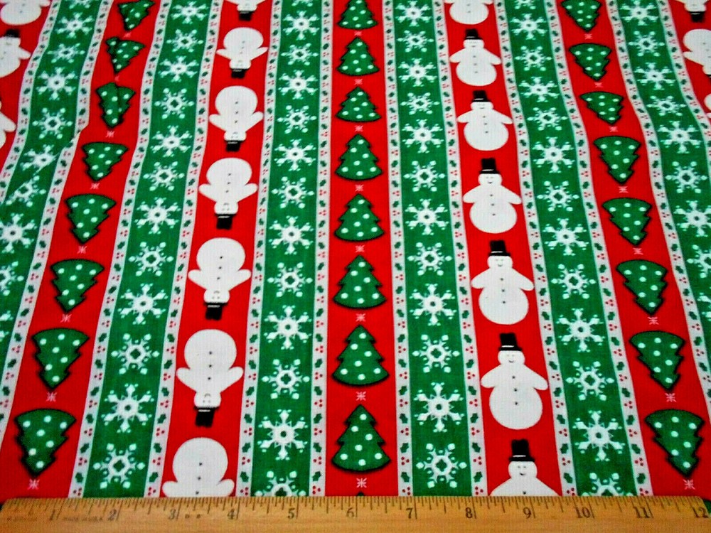 Christmas Fabric By Yard SALE Embossed Snowman Snowflake Stripe Cotton #2 Vtg #C-image