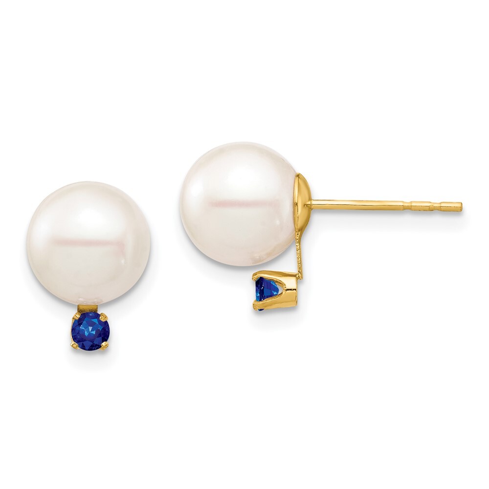 14k Yellow Gold 8-8.5mm White Round Freshwater Cultured Pearl Sapphire Earrings
