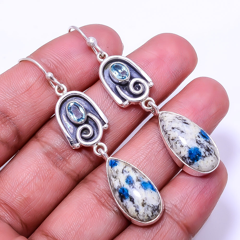 Natural K2 Blue Azurite 925 Sterling Silver Earring 2.34