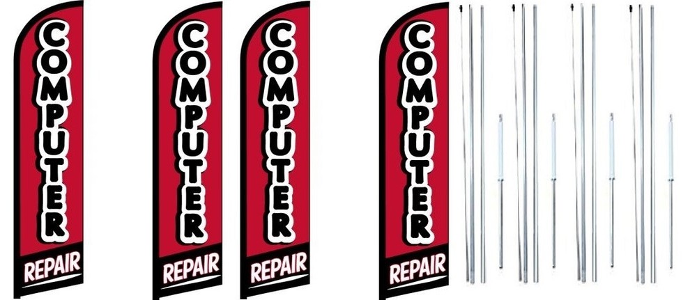 Computer Repair Windless Flag With Complete Hybrid Pole set- 4 pack