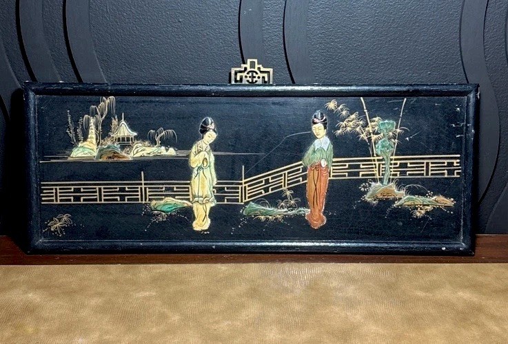 Chinese Black Lacquer Wall Panel Carved Bone Figures Gilt 21x8 Vintage