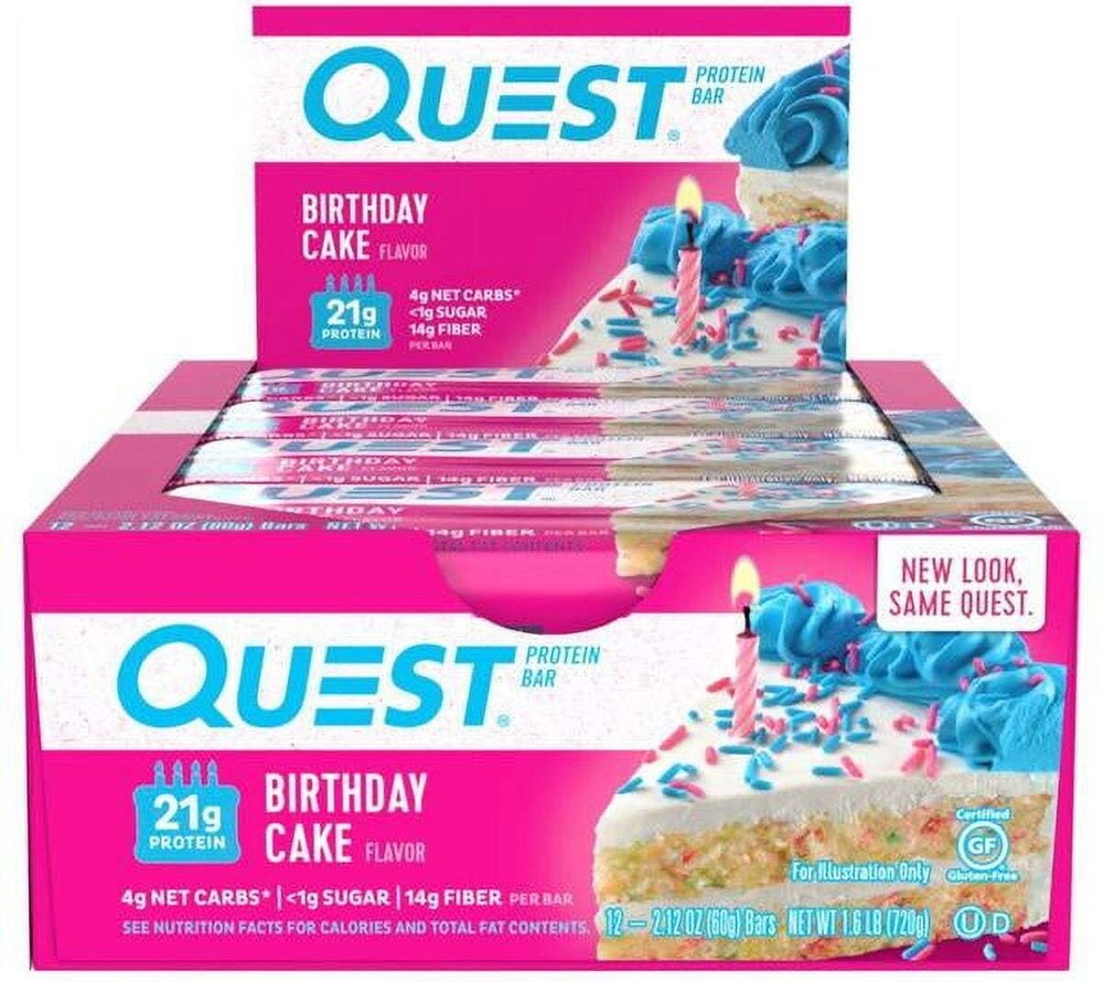 Quest Protein Bar, Birthday Cake 21 g Protein 12 Ct 4g Net Carbs 14 g of Fiber
