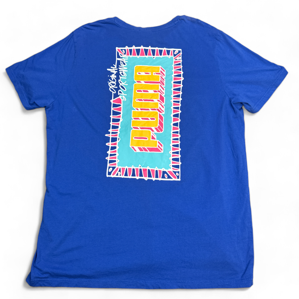 PUMA T Shirt Adult Size 2XL XXL Blue Double Sided Logo Graphic Tee Crew Neck