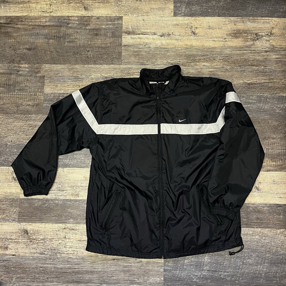 Nike Jacket Mens Large Black Full Zip Windbreaker Striped Cotton XL Y2k