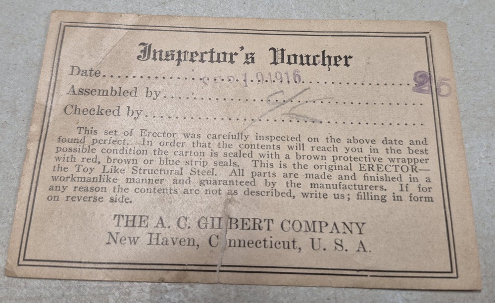 Sept 1916 A.C. Gilbert Co. INSPECTOR'S VOUCHER, Original-image