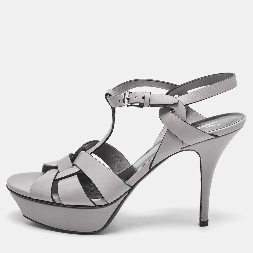 Saint Laurent Grey Leather Platform Sandals EU 39