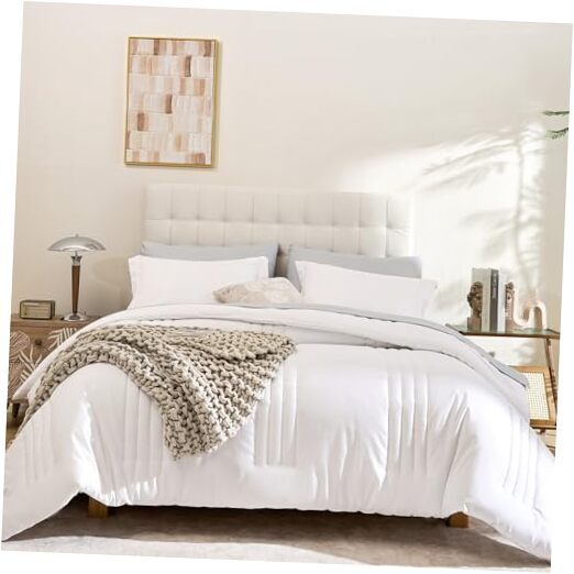King Size Comforter Set 7 Pieces, White King Bedding Set with Vertical