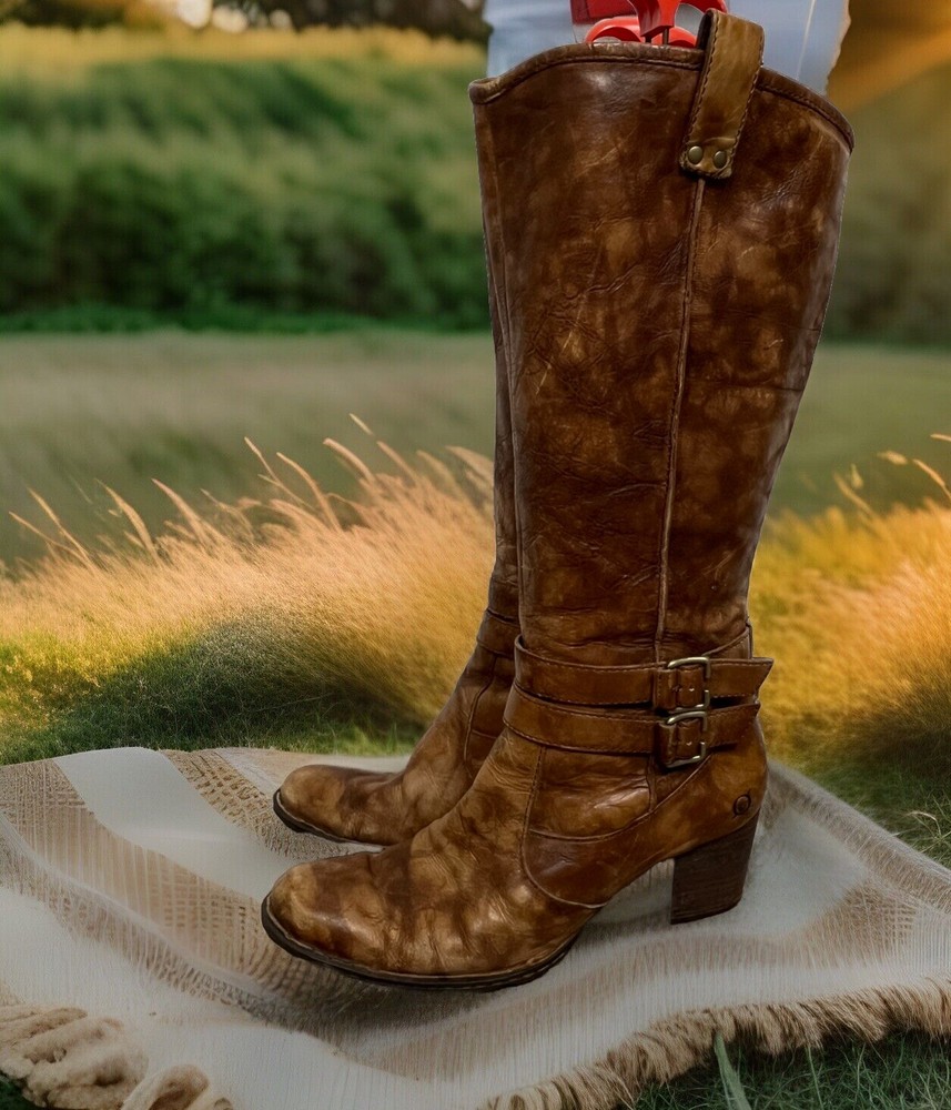 Born Knee Boots Brown Leather Riding Double Buckle Block Heel 9 1/2 Lewisa