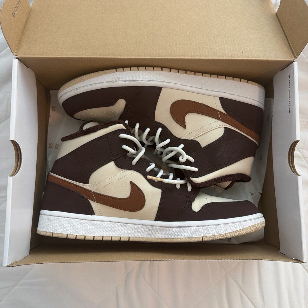 Nike Air Jordan 1 Mid Brown Cream White Leather Sneaker Men's Athletic Shoes