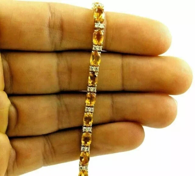 8-Stone Oval Citrine Tennis Bracelet in 14K White Gold Plated