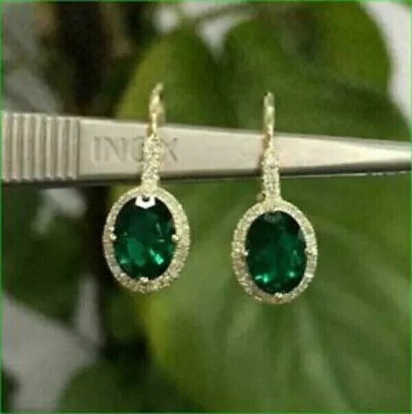 2Ct Oval Simulated Emerald Halo Drop Earrings in 14K Gold Plated