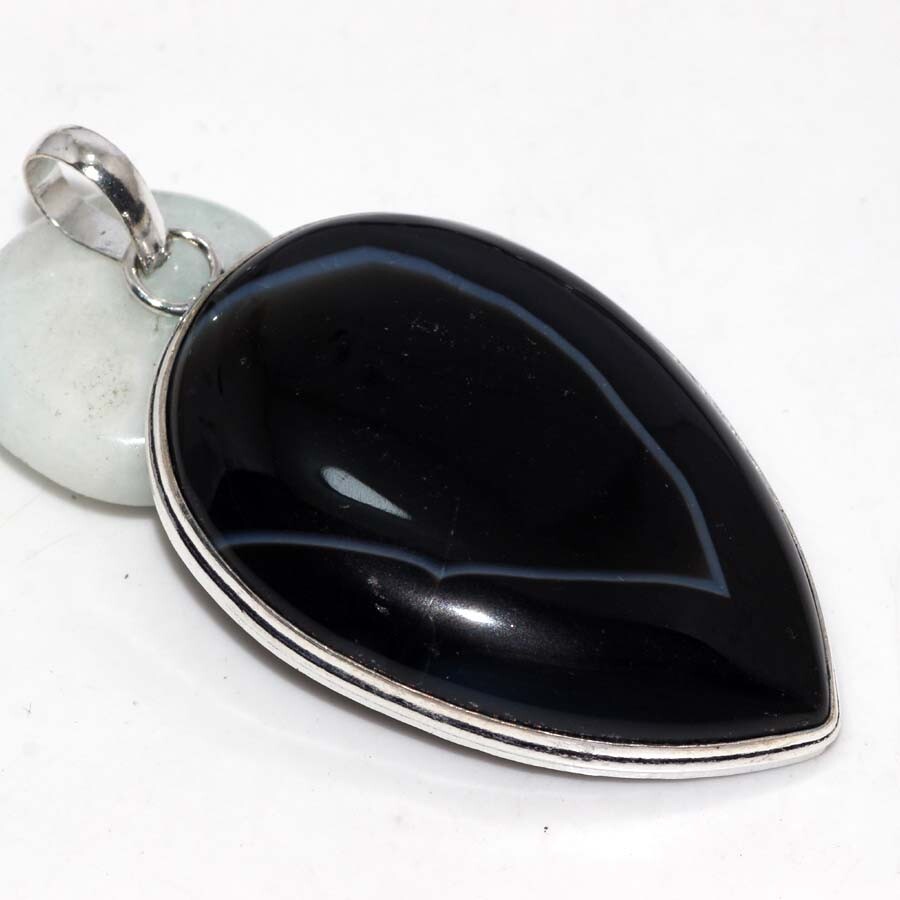 925 Silver-Plated Black Onyx Ethnic Gemstone Pendant Jewelry 2.5 Inches JW