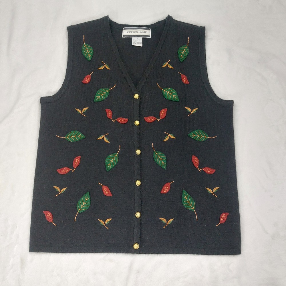 CRYSTAL KOBE WOMEN VTG BLACK FELT LEAF EMBROIDERED BUTTON FRONT SWEATER VEST S