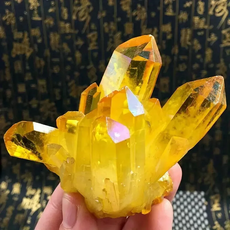 Natural Aura Yellow Citrine Titanium Cluster Healing Mineral Specimen Crystal