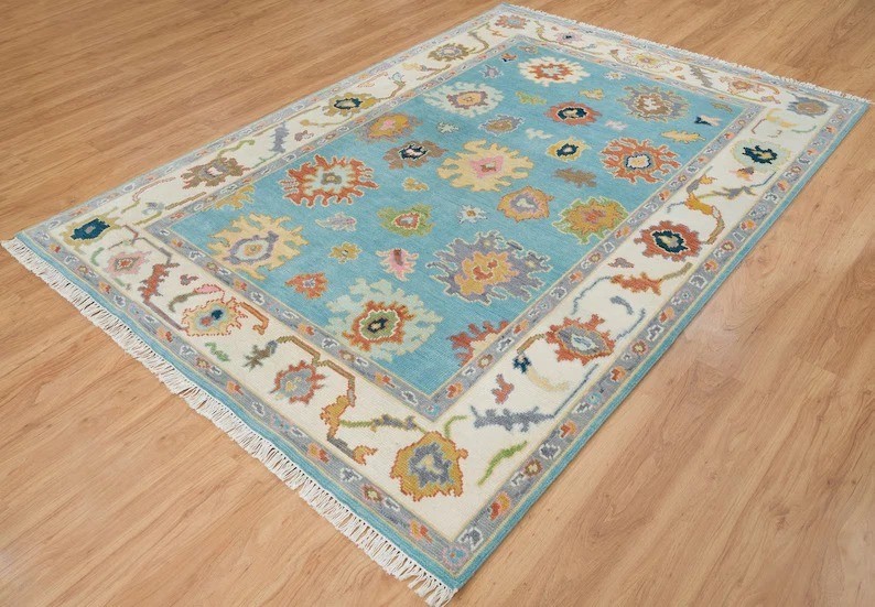 Vintage Oushak Turkish Wool Floral Handmade Rug for Living Room Decor