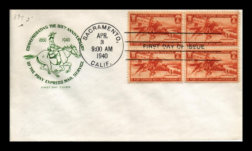 DR JIM STAMPS US COVER PONY EXPRESS FDC SCOTT 894 BLOCK OF 4 HF CACHET