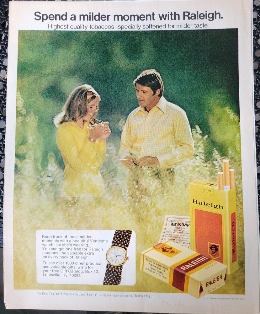 1972 Raleigh Cigarettes Vintage Ad Featuring Coupon Vendome Watch-image