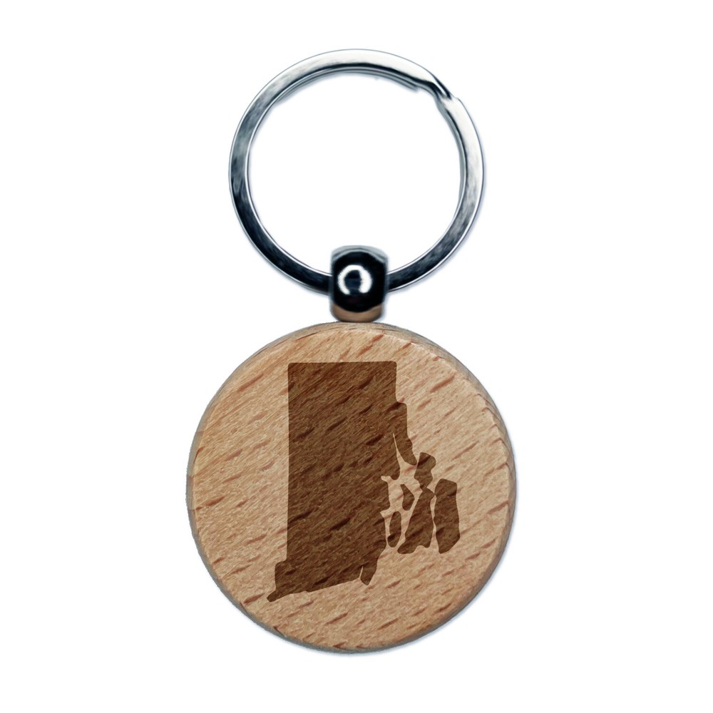 Rhode Island State Silhouette Engraved Wood Round Keychain Tag Charm