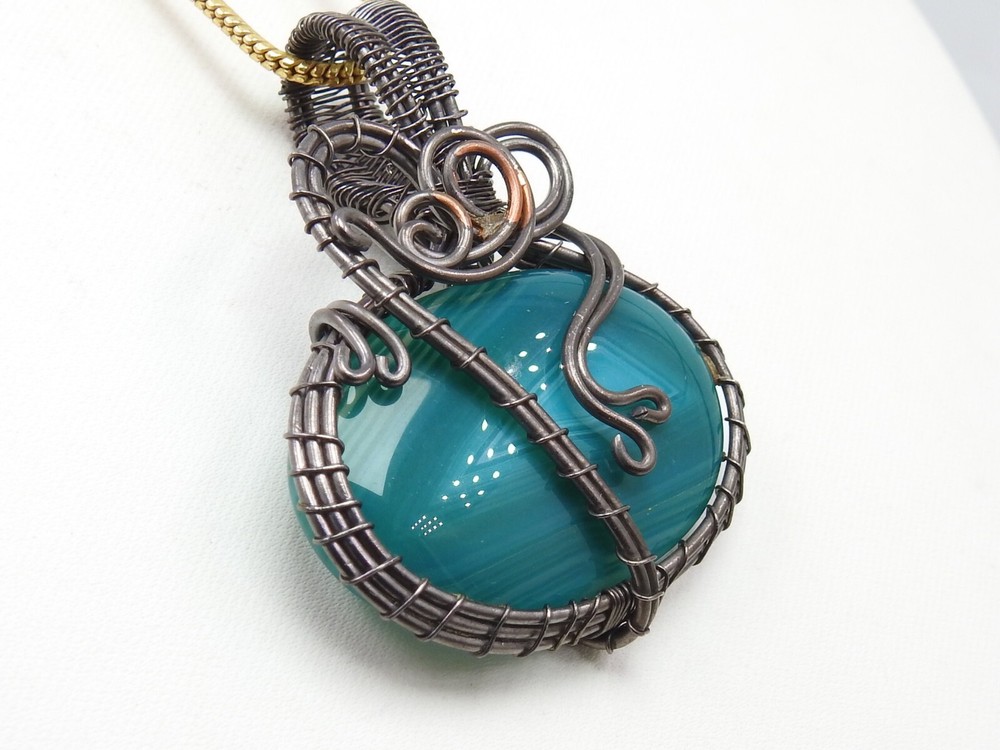 Green Strip Agate Brass Pendant Silver Oxidised Polished Wire Wrapped Jewelry