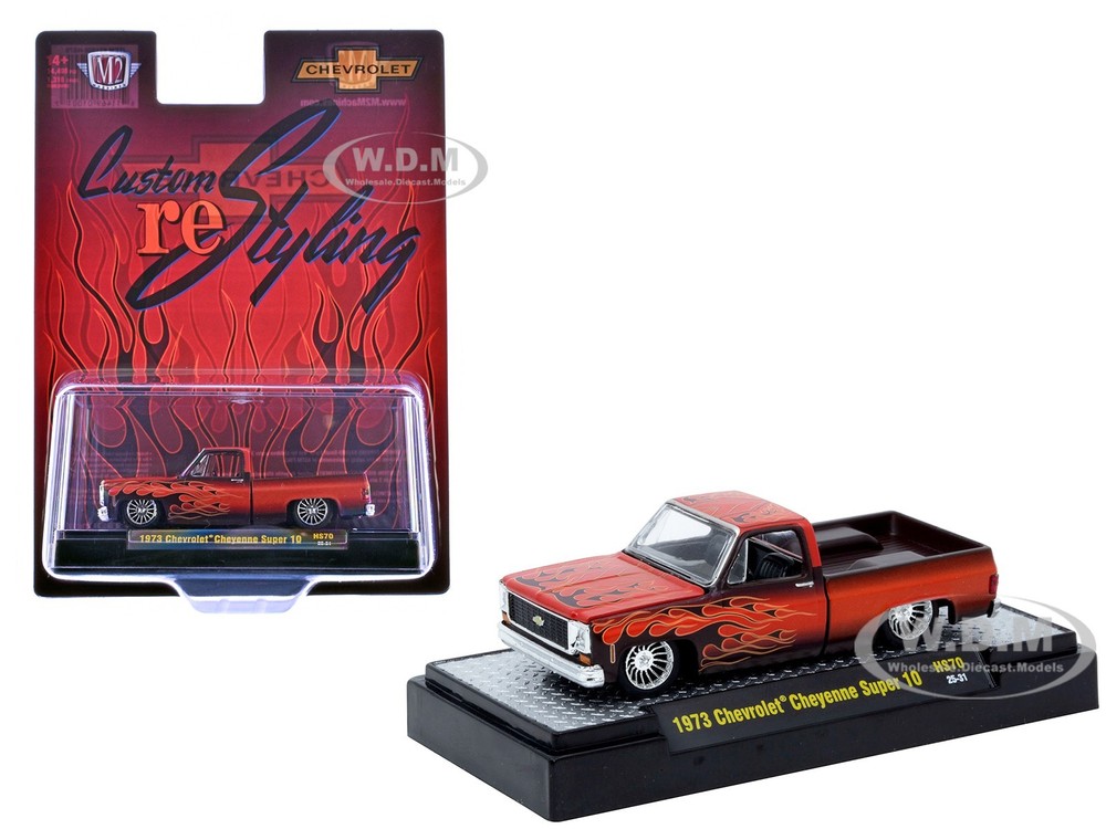 1973 CHEVROLET CHEYENNE SUPER 10 PICKUP RED W/FLAMES 1/64 DIECAST M2 31500-HS70