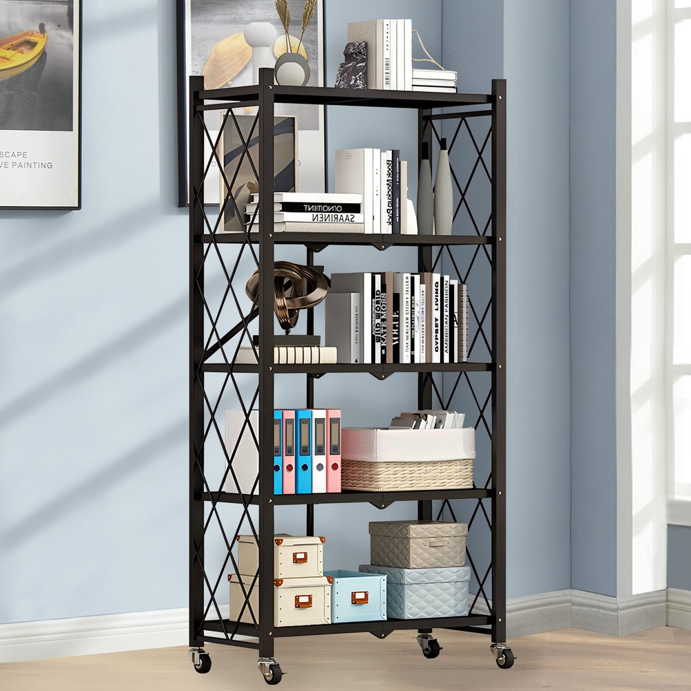 Foldable 5-Tier Metal Storage Shelves with Wheels for Kitchen Basement Office Garage